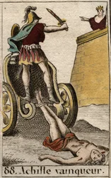 Trojanskt krig: Triumferande Achilles släpar Hectors livlösa kropp framför Trojas portar. Från "Mythology of Youth" av Pierre Blanchard 1803.
