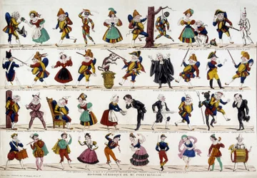 Sanningsfull berättelse om Monsieur polychinelle (polichinelle). Bild på Epinal, sd. 1800-talet.