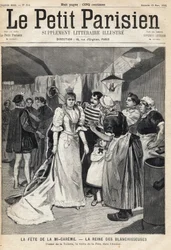 Prova toaletten i verkstaden på tröskeln till Mi Careme Fete (Mi-Careme): drottningen av blekningsmedel. En av tidningarna "Le Petit Parisien"" den 12/03/1893 (gravyr)