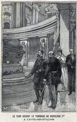 Tsar Nicholas II av Ryssland (1868 -1918) och Tsarina Alexandra Fiodorovna Romanova (1872-1918) framför Napoleon I Bonapartes grav på Hotel des Invalides i Paris, i "Le Petit Parisien"