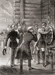 Tsar Nicholas I inviger semafortelegraflinjen mellan Moskva och Warszawa 1833, med hjälp av en modifiering av Claude Chappes semaforsystem, från Les Merveilles de la Science, publicerad ca 1870 (gravyr)