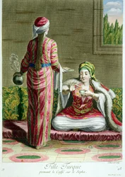 Turkisk flicka som fikar på soffan, från samlingen av tryck av dräkter från Levanten, graverad av I. Haussard, 1707-08