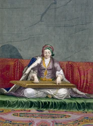 Turkisk flicka som spelar ett klaviaturplockande instrument, från Collection of One Hundred Prints Representing the Different Nations of the Levant av Charles de Ferriol, graverad av Gerard Scotin (1671-1716)