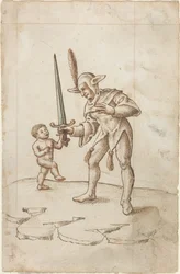 Vänd det vassa svärdet åt sidan [fol. 44 recto], ca 1512-1515 (penna och brunt bläck med akvarell på liggande papper)