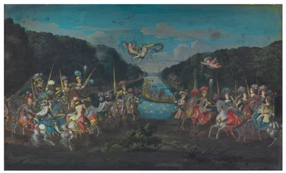 Två solfjäderblad: Den pompösa karusellen av de galanta amasonerna från de fyra delarna av världen; och procession som lämnar ett tempel åtföljd av putti, andra hälften av 1600-talet (gouache på papper)