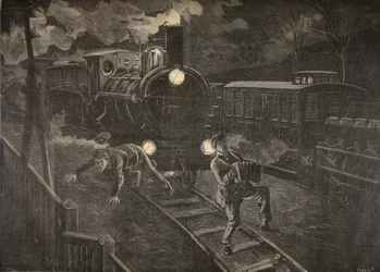 Två män påkörda av ett tåg illustration från Le Petit Journal: Supplement illustre, 1898