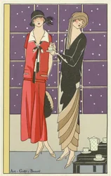 Två kvinnor som dricker te och klädde sig i design av Jean Patou och Beer, från puben Art-Goût-Beauté. 1924