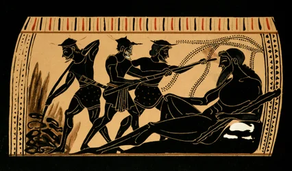 Odysseus och hans följeslagare sticker ut ögat på cyklopen Polyfemos, illustration från en antik grekisk vas, 1887