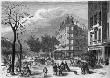 En av de första ""fristaden"" för fotgängare som korsar boulevarderna i Paris etablerad mellan boulevard des Capucines och boulevard de la Madeleine