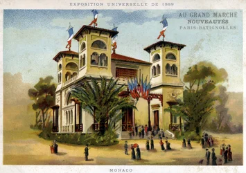 Universell utställning 1889. Monaco-paviljongen. Kromolitografi från slutet av 1800-talet.