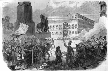 Uppror i Bologna: störtande av den påvliga regeringen under påven Gregoire XVI från 1831 till 1846. Gravyr i "Histoire des Papes-Rois-Queen and Empereurs a travers les centuries" av Maurice Lachatre