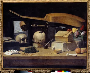 Vanitas Still Life (Vanite) med kortlek, instrument och dödskalle. Målning av Franska skolan. 1600-talet. Sön 0,72x0,9 m