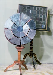 Spegel med variabelt fokus designad av Jacques Alexandre Cesar Charles (1746-1823) och använd av Georges Louis Leclerc (1707-88) Comte de Buffon i sina experiment om fusion av bly (trä och glas)