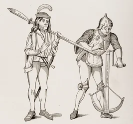 Varlet eller Squire som bär en tjockbladig hellebard och en bågskytt som drar ett armborstsnöre med dubbelhandsvinsch, efter en miniatyr från 1400-talet, från Le Moyen Age et La Renaissance av Paul Lacroix (