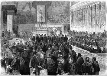 Vatikankonciliet 1 (1869-1870): prosynodal audiens i Sixtinska kapellet i Rom. Påven Pius IX (1792-1878) fick eden av marekalernas seret och rådets tjänstemän. December 1869. Gravyr i "" Le Monde Illustré"" nr 662 av 19 dec.