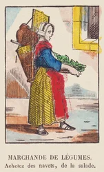 Försäljare av grönsaker. Köp rovor, sallad, omkring 1819 (tryck)