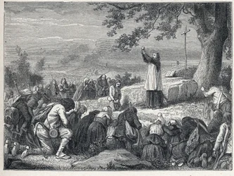 Vendee Wars (1793-1796): Präst-insatser som firar en mässa under en ek för den upproriska befolkningen som avvisar svurna präster. Gravyr från 1889. Privat samling.