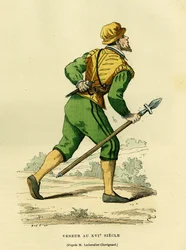 Veneurs dräkt, ansvarig för jakt på vanliga hundar, på 1600-talet. Färggravyr efter en teckning av Lechevaller-Chevignard, i "France et les francais a travers les centuries" av Augustin Challamel, F.Roy editor, Paris 1882. Selvas samling.