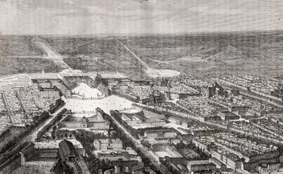 Versailles med sitt slott på 1800-talet - gravyr i "La France illustree: geografi, historia, statistisk administration" av V.A. Malt-brunt. 1884