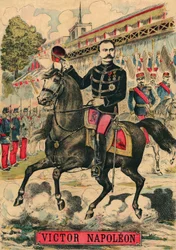 Victor Napoleon (1862-1926) i spetsen för bonapartisternas anhängare, den siste arvtagaren till Napoleon I som tvingades gå i exil efter en lag som antogs av den tredje republiken 1886. Gravyr, i "Le Figaro, supplement", den 30/03/1889, Paris. Coll. Selva.