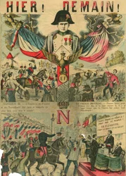 Victor Napoleon (1862-1926) i spetsen för bonapartisternas anhängare, den siste arvtagaren till Napoleon I som tvingades gå i exil efter en lag som antogs av den tredje republiken 1886. Gravyr, i "Le Figaro, supplement", den 30/03/1889, Paris.