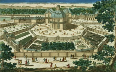 Utsikt och perspektiv på Salon de la Menagerie i Versailles, graverad av Antoine Aveline (1691-1743)