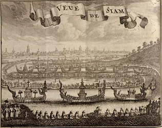 Utsikt över Ayutthaya med kungliga pråmar, från Voyage du Siam des Peres Jesuites av Guy Tachard, 1688