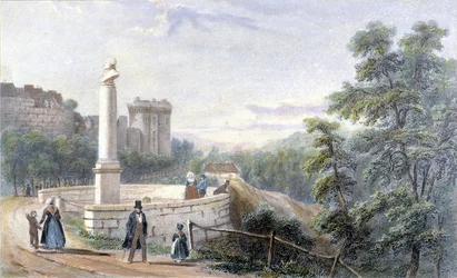 Vy över slottet Dinan och statyn av Duclos Pinot. Illustration från 1800-talet bevarad på museet i Dinan.