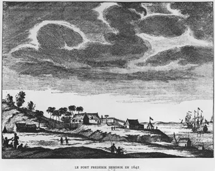 Utsikt över Fort Frederik Hendrik, Mauritius, 1642, illustration från Le Premier Etablissement Neerlandais a Maurice av prins Roland Bonaparte (1858-1924) 1890
