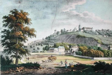 Utsikt över Montmartre från St. Denis (färg litho)