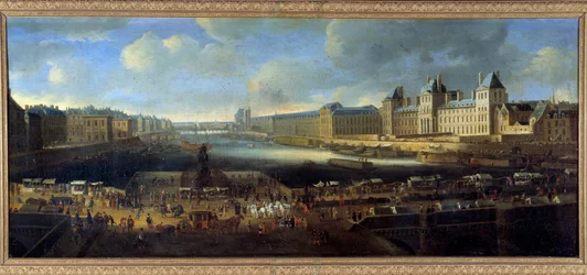Utsikt över Paris från Louvrens kust tagen från Pont Neuf-målningen av den franska skolan på 1600-talet