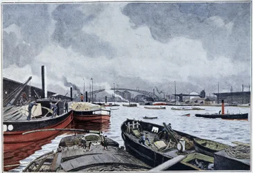Utsikt över Paris, Seine och Villettes bassäng, akvarell av Brun. 1889.