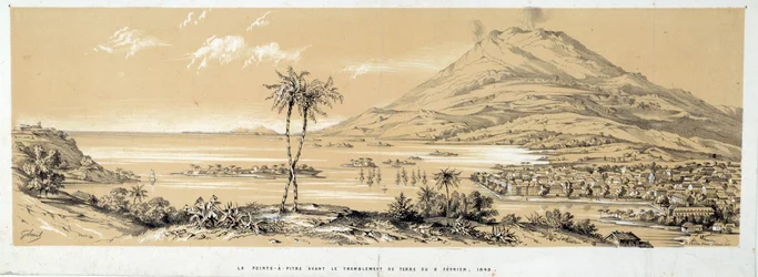Utsikt över Pointe a Pitre (Pointe-a-Pitre) före jordbävningen. Gravyr från 1843. Chartres, Museum of Fine Arts