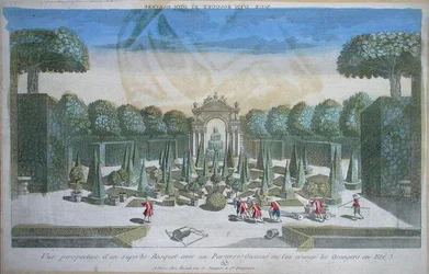 Utsikt över en lund och en parterr där apelsinträden är tagna på sommaren, mitten av 1700-talet (färggravyr)