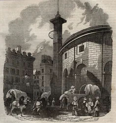 Vy över halle au ble i Paris (byggd 1763-1769) och Medici-kolonnen, gravyr från början av 1800-talet - vete- och majsbyte i Paris (byggd 1763-1769), gravyr tidigt 1800-tal - Vy över Halle au ble, placeras på nuvarande Hotel de Sois