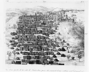 Utsikt över en del av staden Timbuktoo från en kulle i öster, från Voyage a Tombouctou av Rene Caillie, publicerad 1830