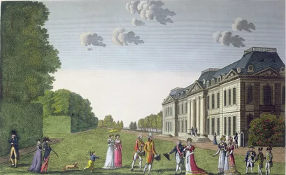 Utsikt över Chateau de Bellevue från trädgården, c.1820 (färggravyr)