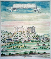 Utsikt över Chateau de Chinon akvarell från den franska skolan. 1699 Paris, B.N.