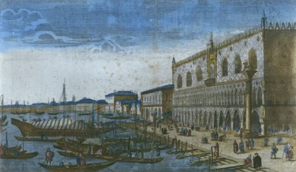 Utsikt över Ducal Palace och Canal Grande, Venedig, Italien (färggravyr)