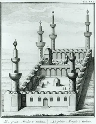 Vy över den stora moskén i Medina före wahhabsektens vanhelgande av gravarna, ur Description de l