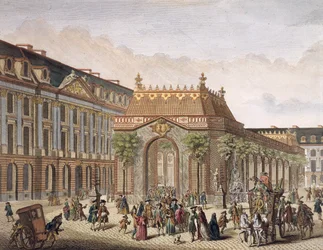Utsikt över Place de Louis le Grand, med ett av rummen byggt för tillfället av Monseigneur le Dauphins bröllop (detalj av 101866) (färggravyr)