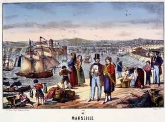 Utsikt över hamnen i Marseille, bild av Epinal, n.d. 1800-talet
