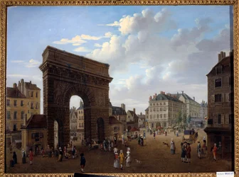 Utsikt över Porte Saint Martin i Paris Målning av den franska skolan på 1700-talet. Privat samling