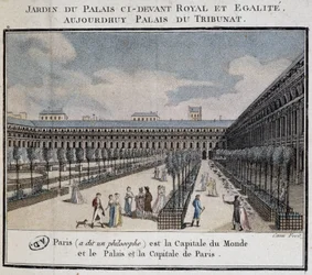 Utsikt över det kungliga palatset (Palais du Tribunat) med trädgård och vandrare