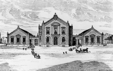 Utsikt över skolorna och teatern, Familjen Guise, från Solutions Sociales av Jean-Baptiste Andre Godin (1817-88), Paris, 1871