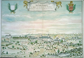 Utsikt över klostret Fontevrault (Fontevraud) i Maine och Loire Akvarell från den franska skolan. 1699 Paris, B.N.