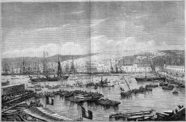 Utsikt över staden och hamnen i Alger (Algeriet), under ankomsten av Napoleon III och imponerande Eugenie de Montijo, 17 september