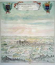 Utsikt över staden och klostret Saint Pierre de Bourgueil Akvarell från den franska skolan. 1699 Paris, B.N.