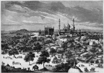 Utsikt över staden Delhi (Indien) 1857. Från en skiss av prins Alexis Soltykoff. Gravyr av Bertrand i "" Le Monde Illustré"" nr 20 av 29 augusti 1857.