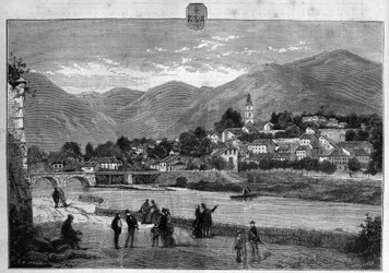 Utsikt över staden Digne i de nedre alperna (nedre alperna). Gravyr från 1880 i "La republique illustree"" privat samling.